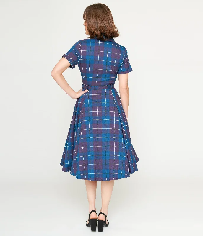 Collectif Teal & Purple Checkered Caterina Swing Dress