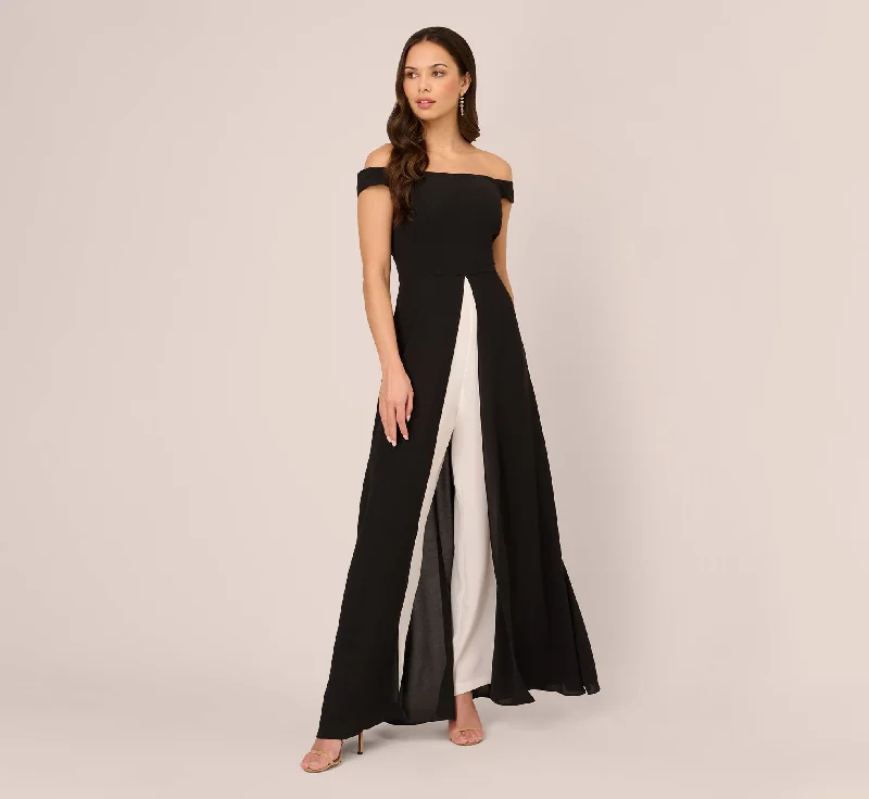 Colorblock Off The Shoulder Wide Leg Jumpsuit In Black Ivory