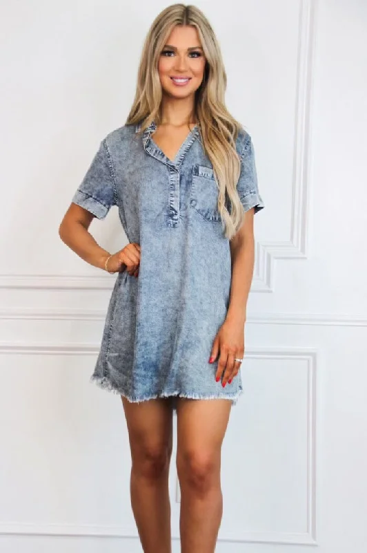 Comfy Essential Washed Denim Shirt Dress: Blue