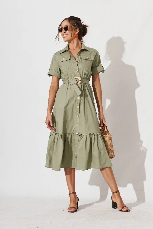 Cornella Midi Shirt Dress In Khaki Cotton