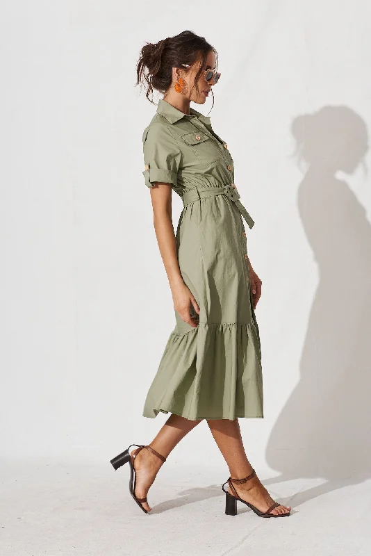 Cornella Midi Shirt Dress In Khaki Cotton