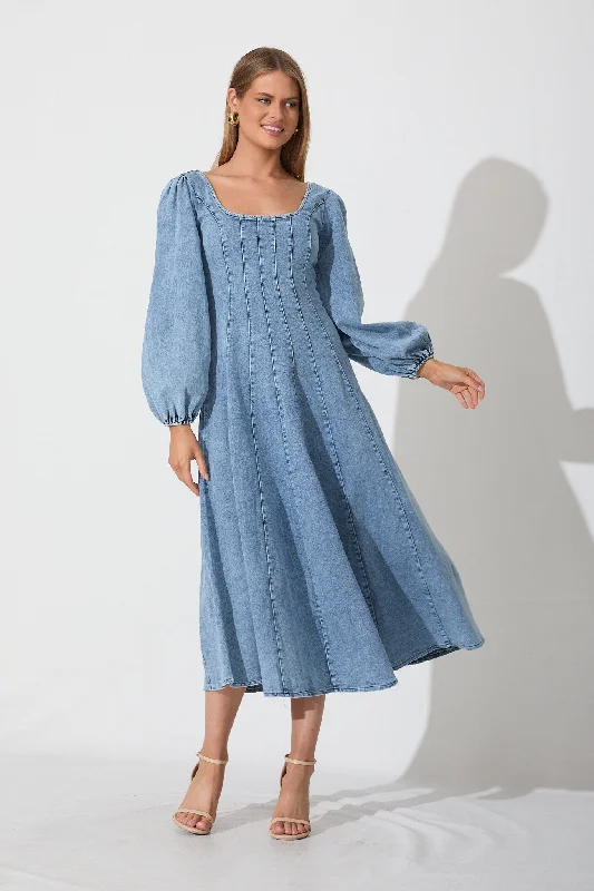 Cosmic Girl Midi Dress In Light Blue Denim Wash