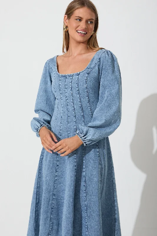 Cosmic Girl Midi Dress In Light Blue Denim Wash