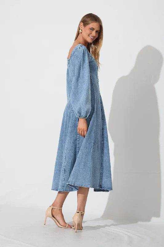 Cosmic Girl Midi Dress In Light Blue Denim Wash