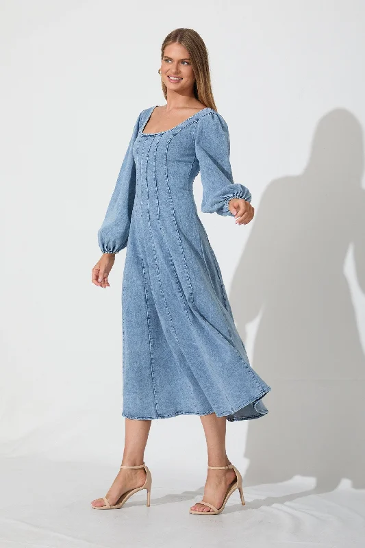 Cosmic Girl Midi Dress In Light Blue Denim Wash