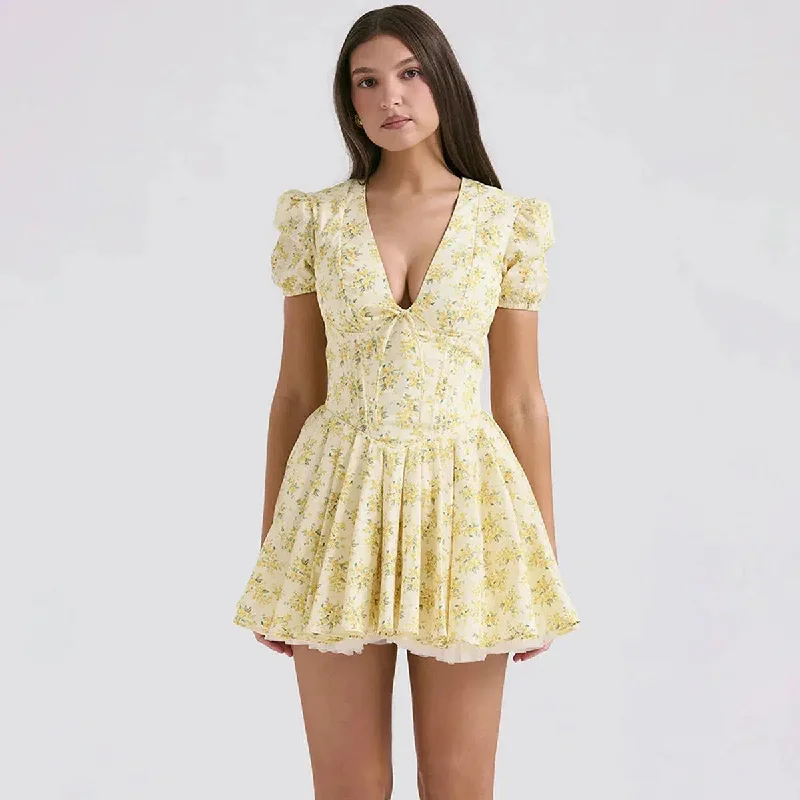 Cottagecore Floral Plunge Neck Mini Dress