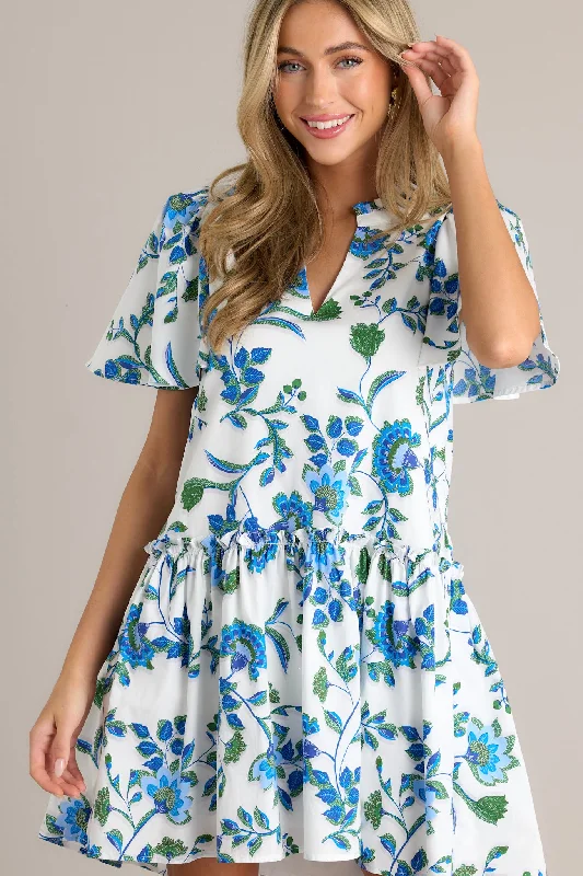 Crystal Waters 100% Cotton Blue Floral Mini Dress