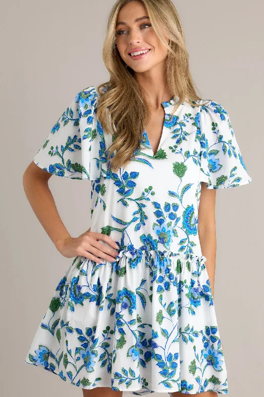 Crystal Waters 100% Cotton Blue Floral Mini Dress