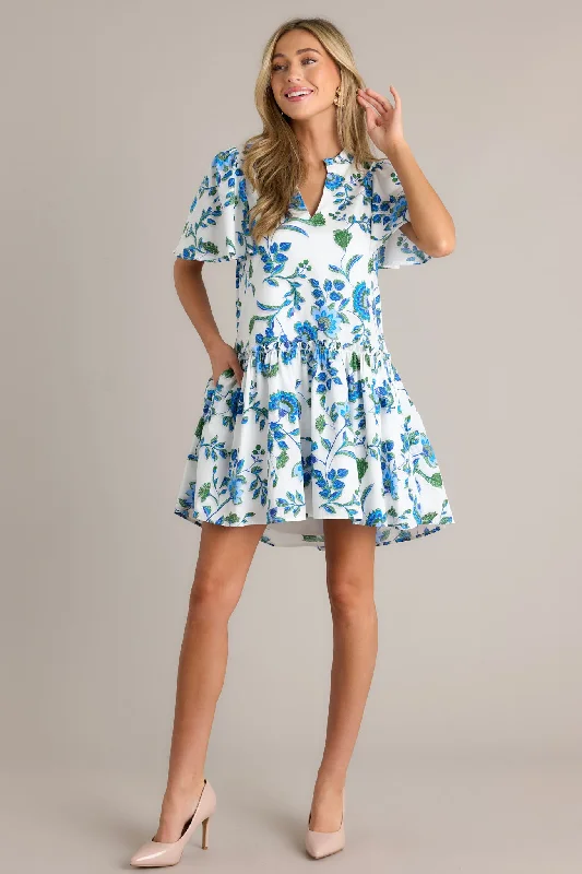 Crystal Waters 100% Cotton Blue Floral Mini Dress