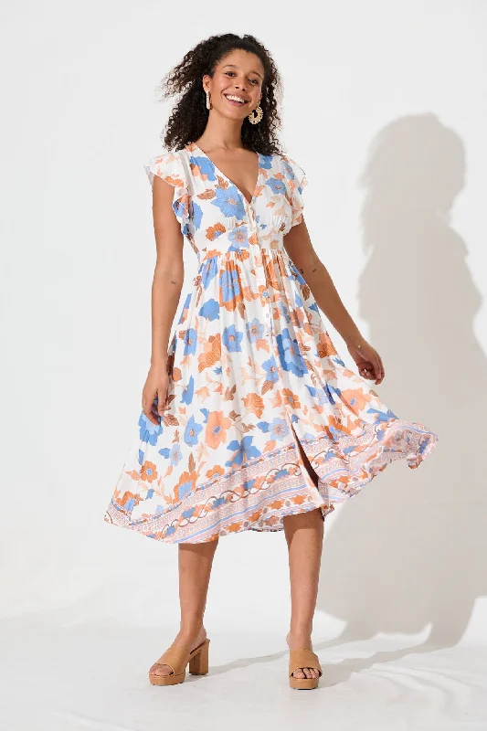 Daffodil Midi Dress In White With Rust Boho Floral