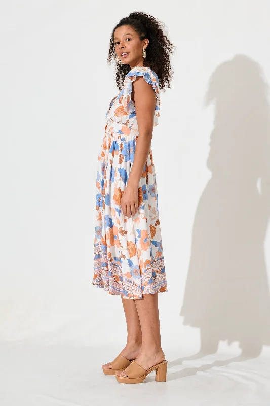 Daffodil Midi Dress In White With Rust Boho Floral