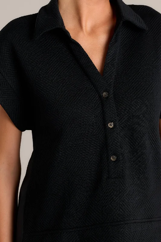 Delightful Drape Black Short Sleeve Quilted Dress