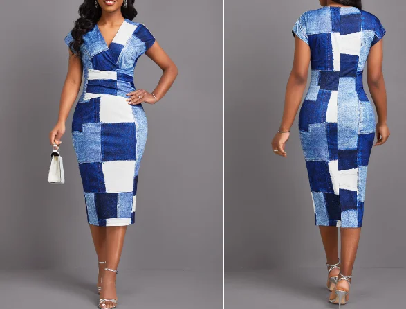 Denim-effect Print Patchwork Denim Blue Short Sleeve Bodycon Dress