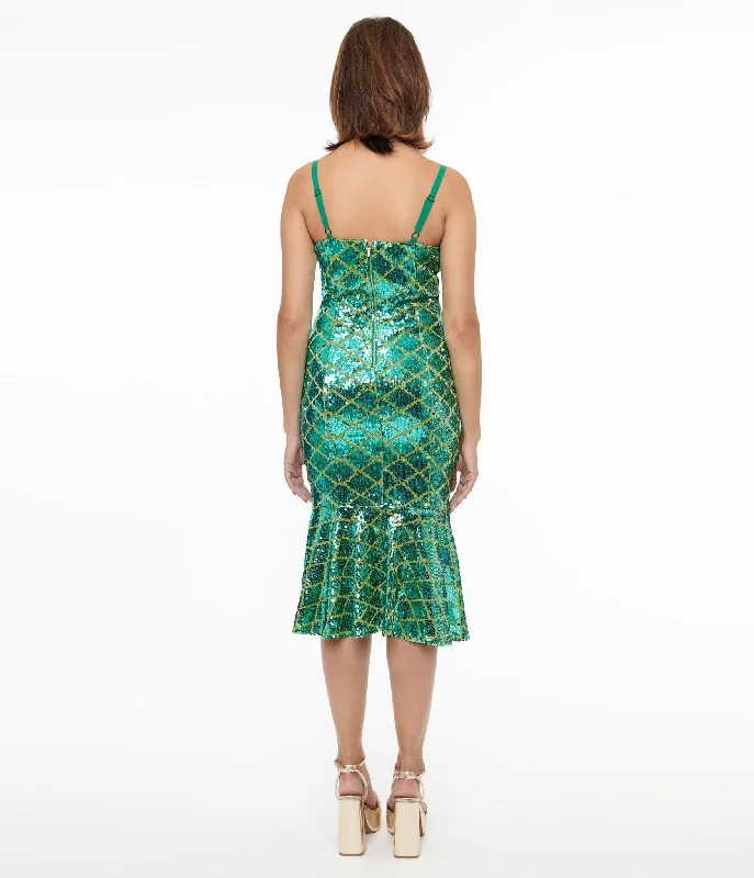 Disney Princess collection by Unique Vintage Princess Ariel Green & Gold Sequin Wiggle Dress