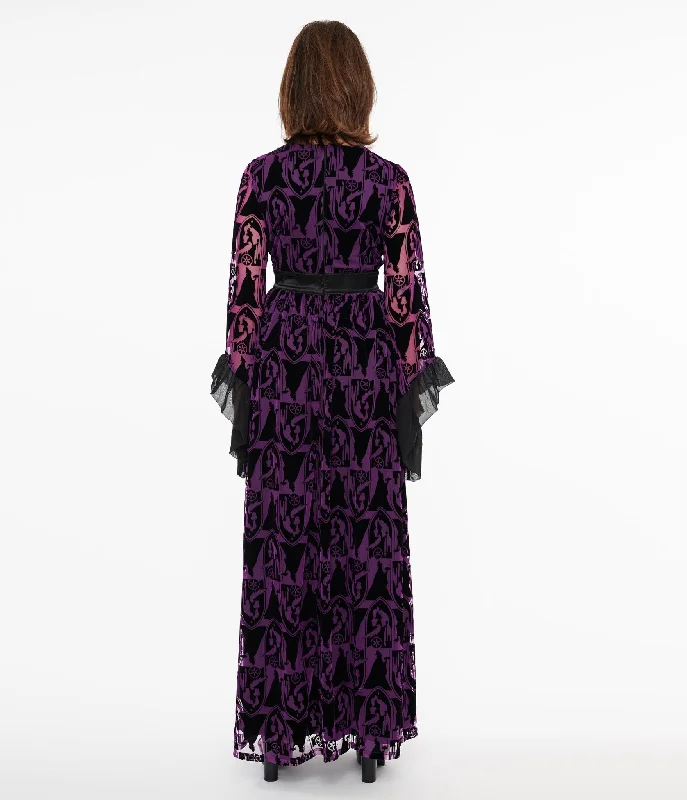 Disney Princess collection by Unique Vintage Purple & Black Velvet Burnout Maleficent Print Maxi Dress