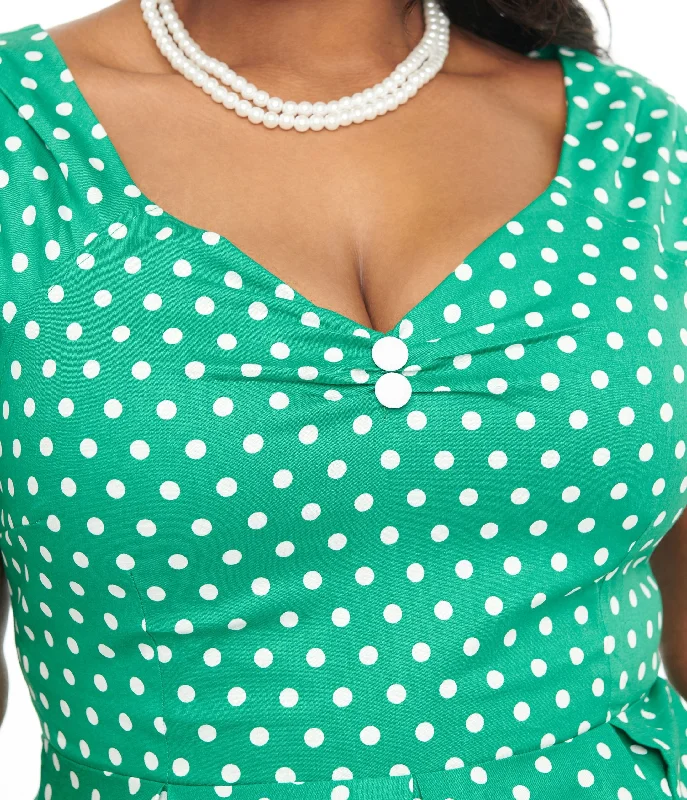 Dolly & Dotty 1950s Green & White Polka Dot Off The Shoulder Lily Swing Dress