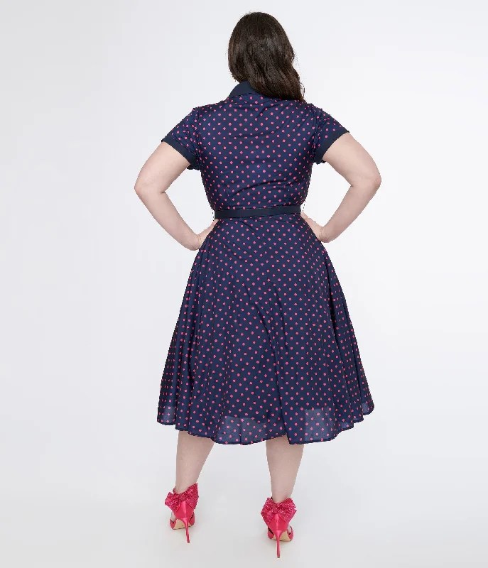 Unique Vintage Plus Size Navy & Hot Pink Dot Alexis Swing Dress