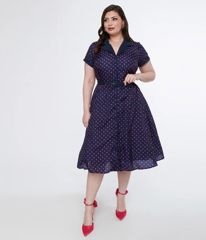 Unique Vintage Plus Size Navy & Hot Pink Dot Alexis Swing Dress