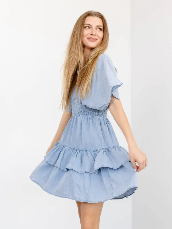 Drop Shoulder Smock Waist Tiered Dress