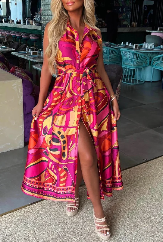 Dubai Luxury Pink Satin Printed Maxi Dress