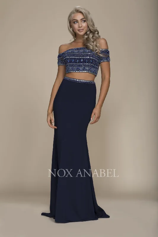 ELEGANT OFF SHOULDER DRESS WITH HEAVY BEADED TOP AND BEADED WAISTLINE SKIRT C082 BY NARIANNA