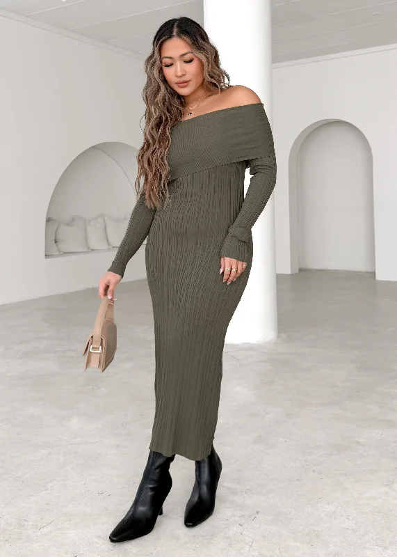 Eliora Off Shoulder Knit Maxi Dress - Khaki