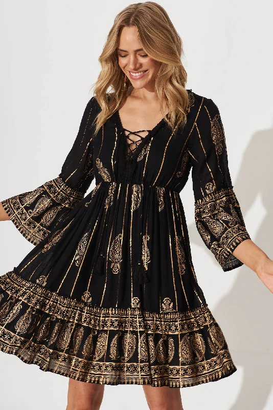 Elliott Dress In Black With Gold Print