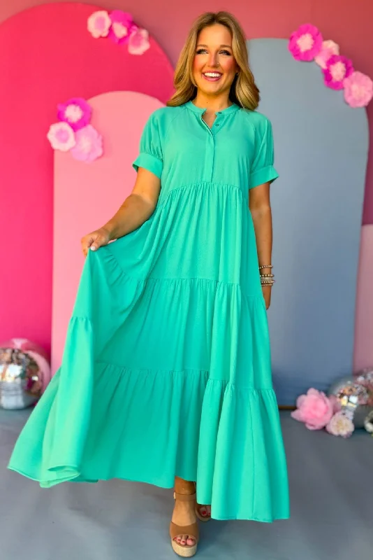 Emerald Button Front Tiered Short Sleeve Maxi Dress