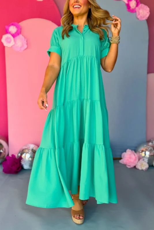 Emerald Button Front Tiered Short Sleeve Maxi Dress