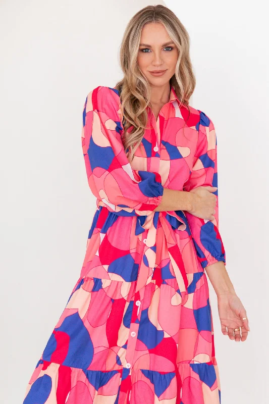 Encore Midi Shirt Dress In Pink And Blue Print