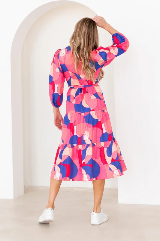 Encore Midi Shirt Dress In Pink And Blue Print