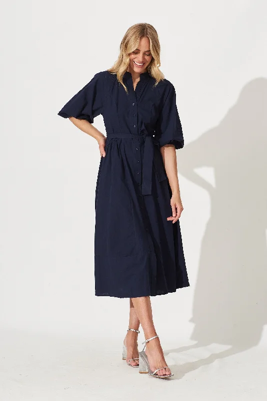 Entice Midi Dress In Navy Cotton Poplin