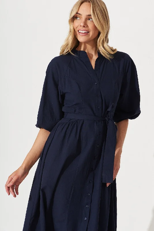 Entice Midi Dress In Navy Cotton Poplin