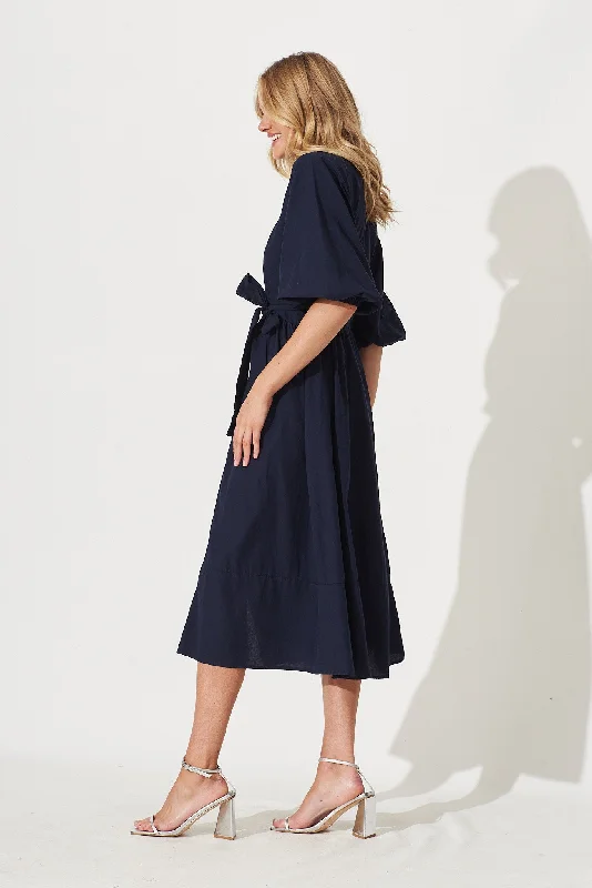 Entice Midi Dress In Navy Cotton Poplin