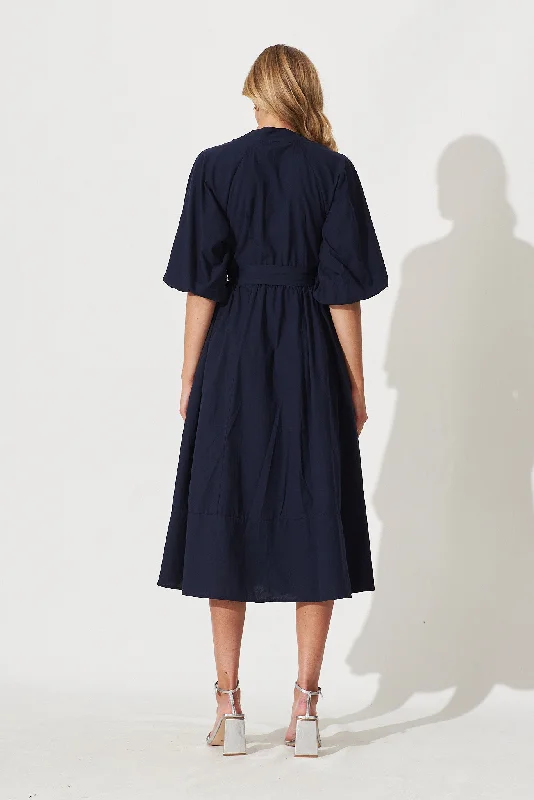 Entice Midi Dress In Navy Cotton Poplin