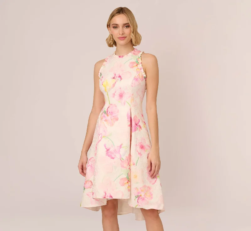 Floral Jacquard High Low Halter Dress With Ruffle Trim In Pink Multi