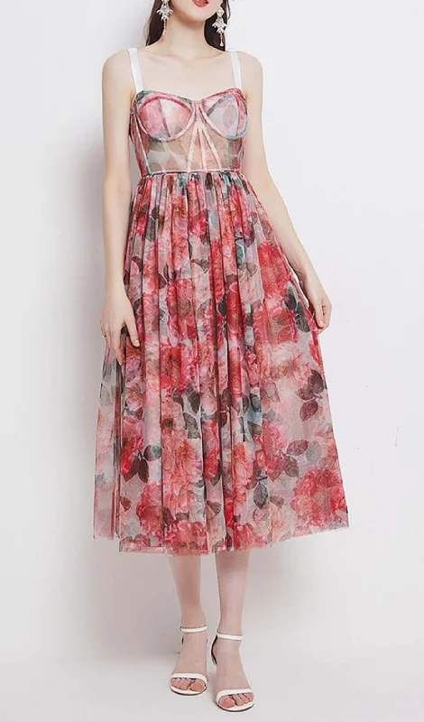 FLORAL-PRINT CORSET MIDI DRESS IN PINK