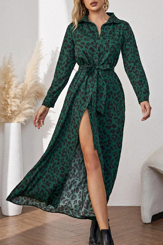 Forest Green Wild Jungle Animal Print Maxi Shirt Dress With Tie Waist + Free Gold Stretch Knotted Belt