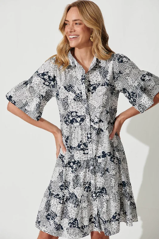 Foster Smock Shirt Dress In Blue Patchwork Floral Cotton