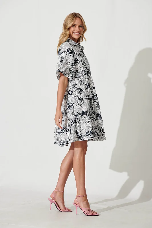 Foster Smock Shirt Dress In Blue Patchwork Floral Cotton