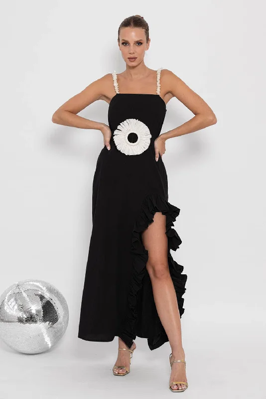 FRANCINE LONG DRESS BLACK WITH RAFFIA BELT