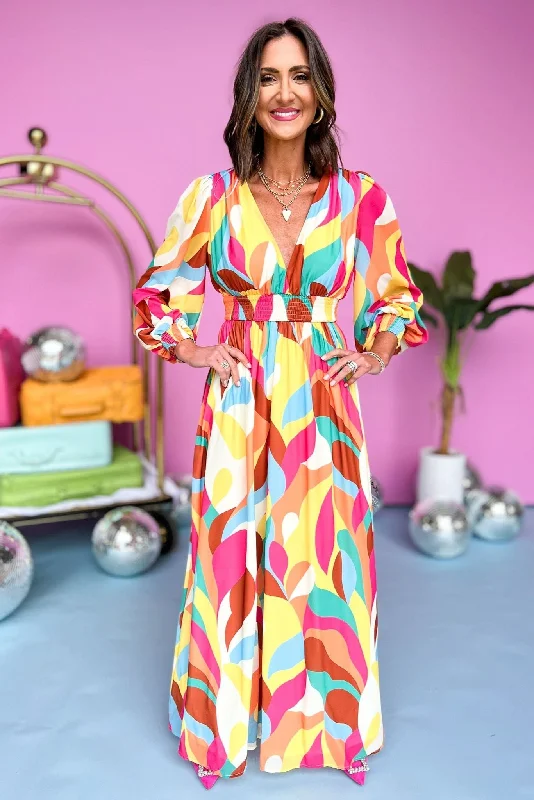 Fuchsia Abstract Printed Smocked Long Sleeve Maxi Dress