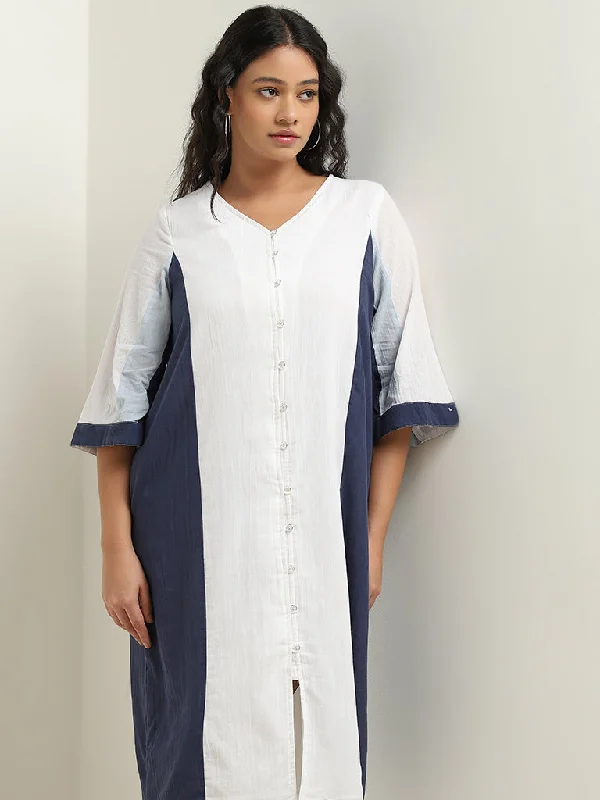 Gia Curves White Colour Blocked Casual Cotton Straight Dress