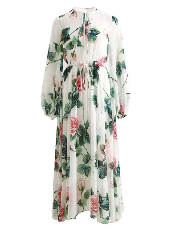 Grace Long Sleeve Floral Gown Dress - White Floral