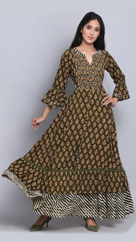 Olive Green Ethnic Flared Dress