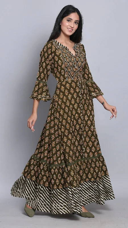 Olive Green Ethnic Flared Dress