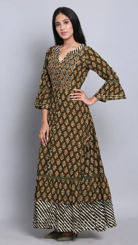 Olive Green Ethnic Flared Dress