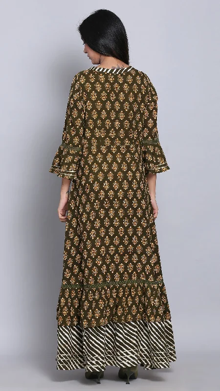 Olive Green Ethnic Flared Dress