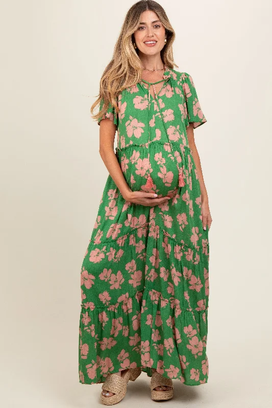 Green Floral Ruffle Neck Tiered Maternity Maxi Dress