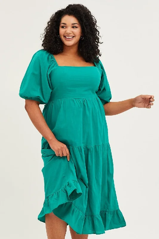 Green Maxi Dress Square Neck Short Sleeve Tie